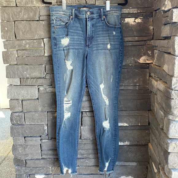 WOMENS EXPRESS DARK DENIM DISTRESSED SKINNY JEANS SIZE:30